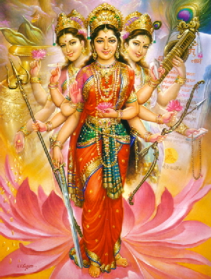 Tri Devi - 3 Goddesses  The Tridevi  the conjoined forms of Lakshmi , Parvati and Saraswati - considered Shaktis of the Trimurti- Vishnu, Shiva and Brahma respectively.